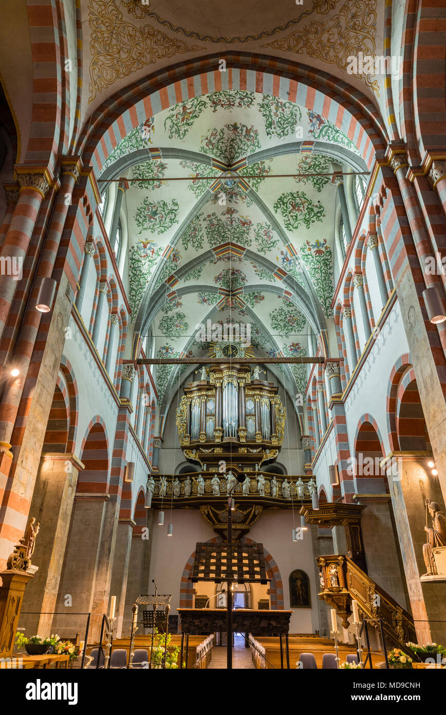 Nave with organ, Simultankirche Sankt Nikolaus, former Benedictine abbey Brauweiler, Pulheim, Rhineland, North Rhine-Westphalia Stock Photo