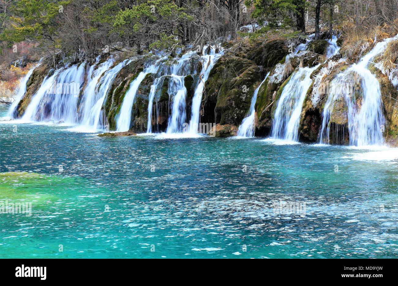 Beautiful waterfall and azure lake with crystal clear water among fall woods in Jiuzhaigou nature reserve (Jiuzhai Valley National Park) of Sichuan pr Stock Photo