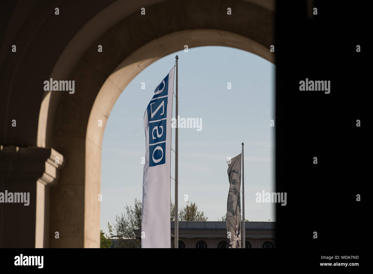 OSCE (Organization for Security and Co-operation in Europe) flag is seen in Hofburg Palace in Vienna. Stock Photo