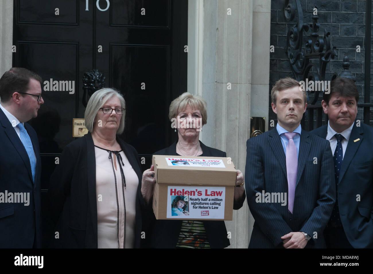 London UK. 18th April 2018. Marie McCourt handed in a petition to Prime Minister Theresa May at Downing Street so that the government can introduce Helen's Law where hiding a body, preventing a burial and obstructing a coronor can become criminal offences after Ian Simms who is serving a life sentence (on overwhelming forensic evidence) for the murder of Helen McCourt, aged 22, on 9 February 1988, in Billinge, Lancs and who  has refused to reveal the whereabouts of Helen’s body Credit: amer ghazzal/Alamy Live News Stock Photo