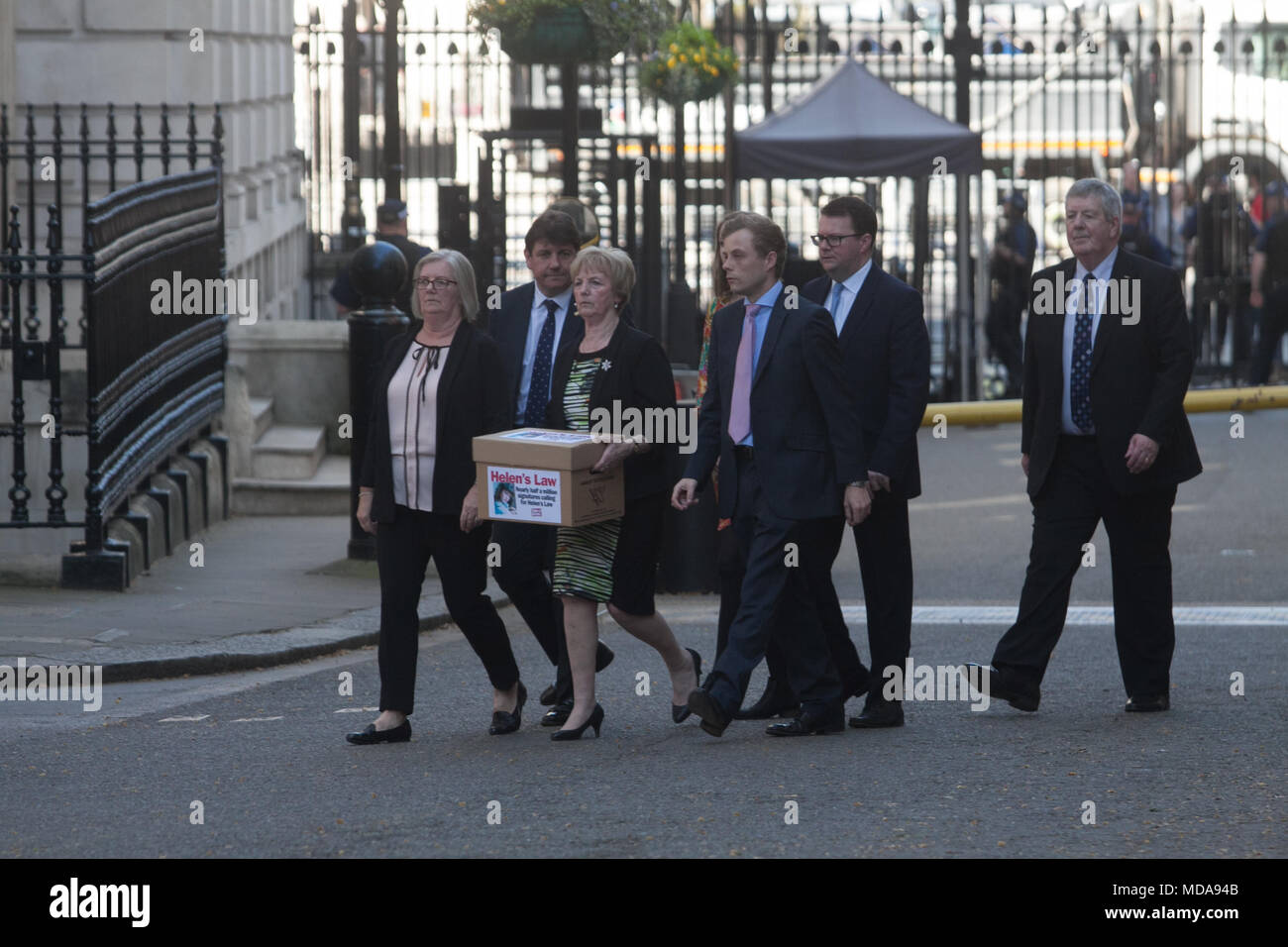 London UK. 18th April 2018. Marie McCourt handed in a petition to Prime Minister Theresa May at Downing Street so that the government can introduce Helen's Law where hiding a body, preventing a burial and obstructing a coronor can become criminal offences after Ian Simms who is serving a life sentence (on overwhelming forensic evidence) for the Helen McCourt, aged 22, on 9 February 1988, in Billinge, Lancs and who  has refused to reveal the whereabouts of Helen’s body Credit: amer ghazzal/Alamy Live News Stock Photo