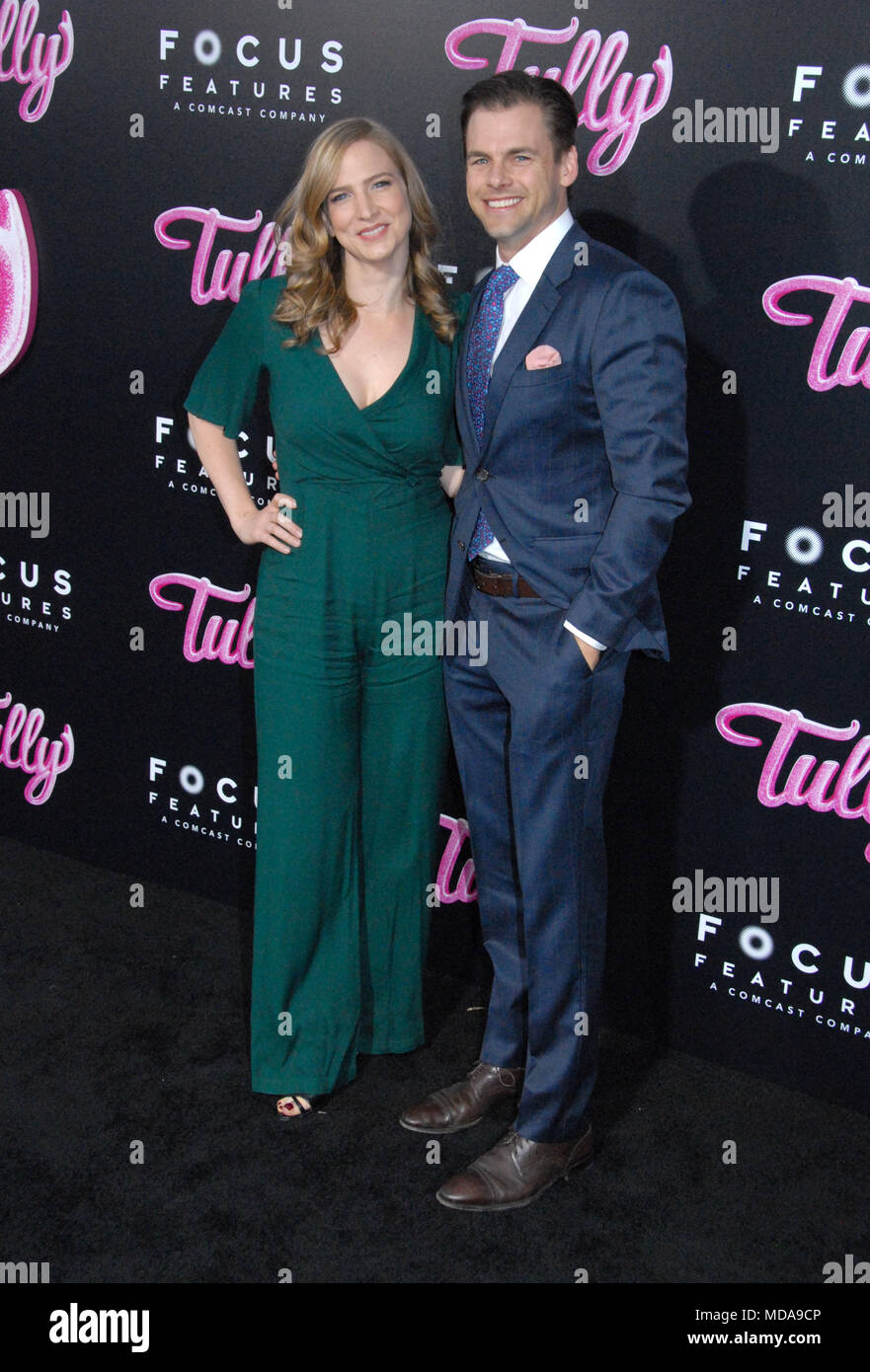Los Angeles, USA. 18th Apr, 2018. (L-R) Producer Helen Estabrook and actor Tommy  Dewey attend the premiere of Focus Features' 'Tully' at Regal LA Live  Stadium 14 on April 18, 2018 in