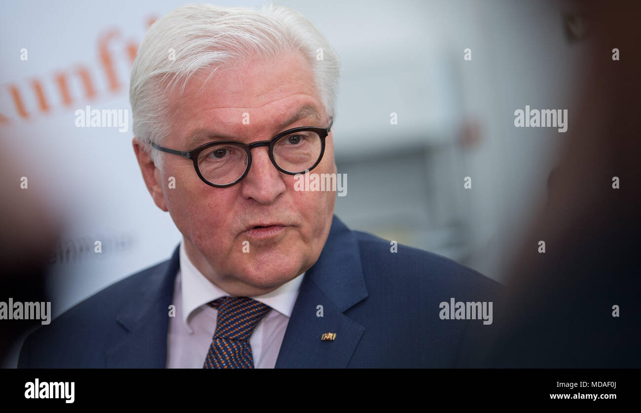 19 April 2018, Germany, Bietigheim-Bissingen: German President Frank-Walter Steinmeier speaking during a visit to the Lernfabrik 4.0 at the Berufliches Schulzentrum (vocational school centre). Steinmeier and his wife are visiting three vocational schools and a training company in the German state of in Baden-Wuerttemberg. Photo: Sebastian Gollnow/dpa Stock Photo