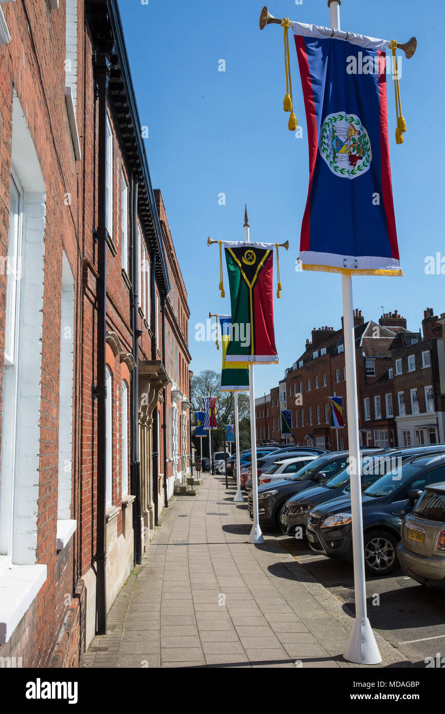 Windsor, UK. 19th April, 2018. Commonwealth flags displayed in preparation for the Commonwealth Heads of Government Leaders' retreat at Windsor Castle. Commonwealth leaders are expected to discuss the Prince of Wales’ bid to accede to his mother’s Commonwealth role during the retreat. Credit: Mark Kerrison/Alamy Live News Stock Photo