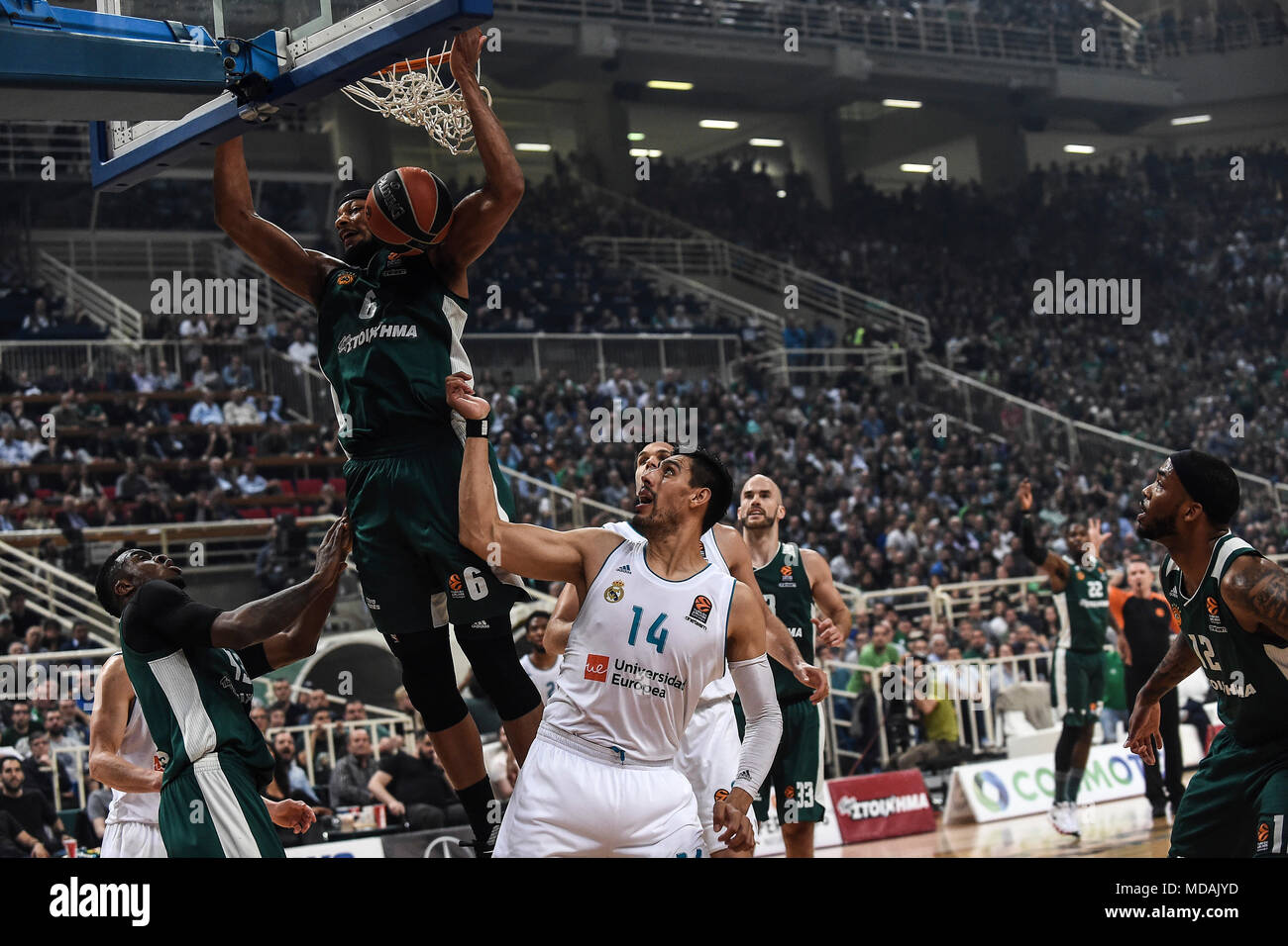 19 April 2018, Greece, Athens: Basketball Euroleague, Panathinaikos Athen vs  Real Madrid: Panathinaikos' Adreian Payne (L) in action against Real  Madrid's Gustavo Ayon (R). Photo: Angelos Tzortzinis/dpa Stock Photo - Alamy