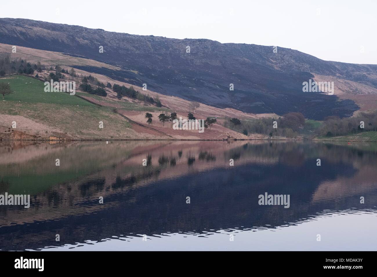Oldham, UK. 19th April 2018. Emergency services remain at the scene of a moorland fire at Dovestone Reservoir near Oldham on Thursday, April 19, 2018 of which the majority has now been extinguished. Firefighters battled to contain the fire that started at around 2:30pm. Credit: Christopher Middleton/Alamy Live News Stock Photo