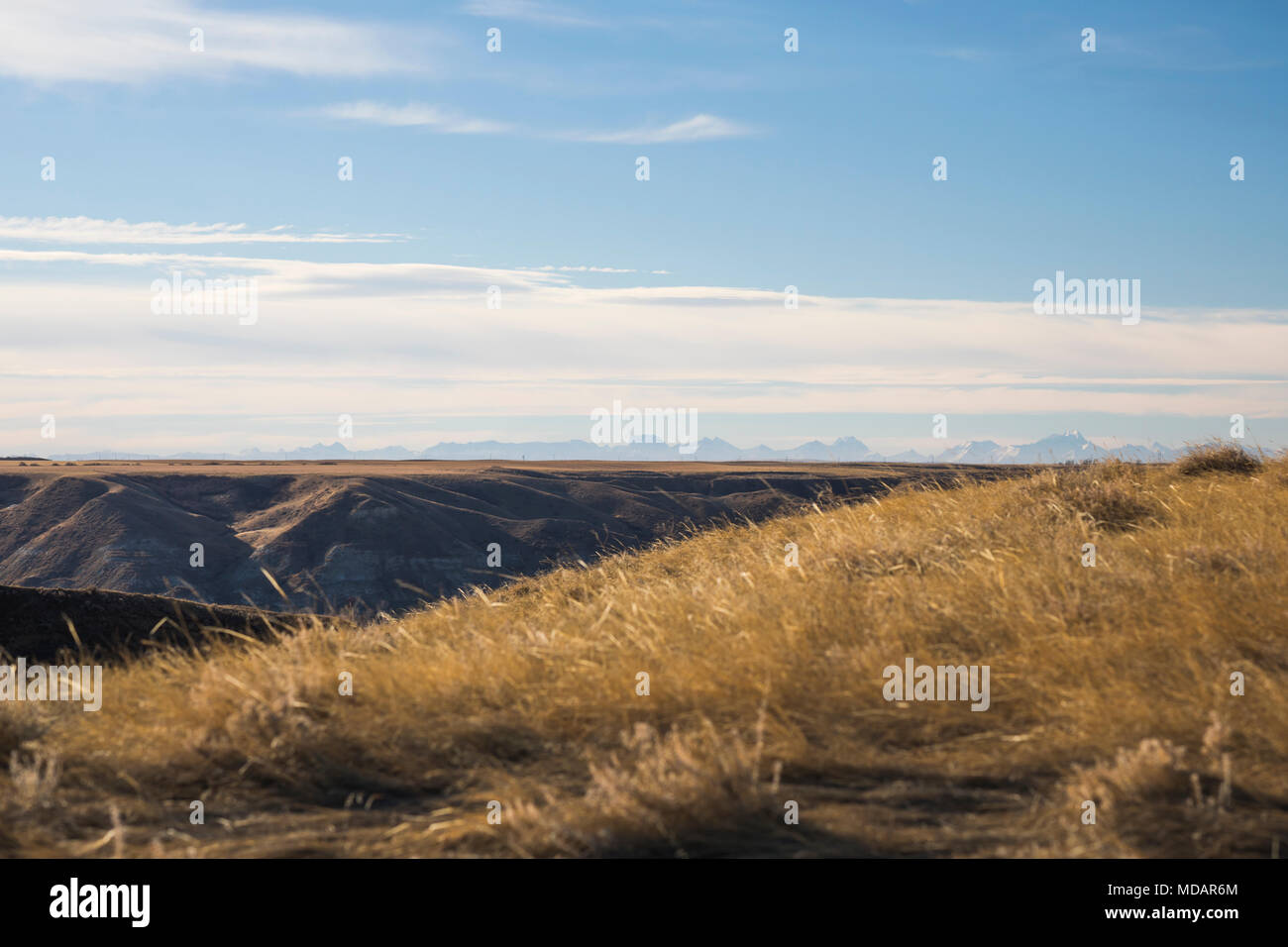 Rocky Mountains on horizon of Southern Alberta coulee Stock Photo Alamy