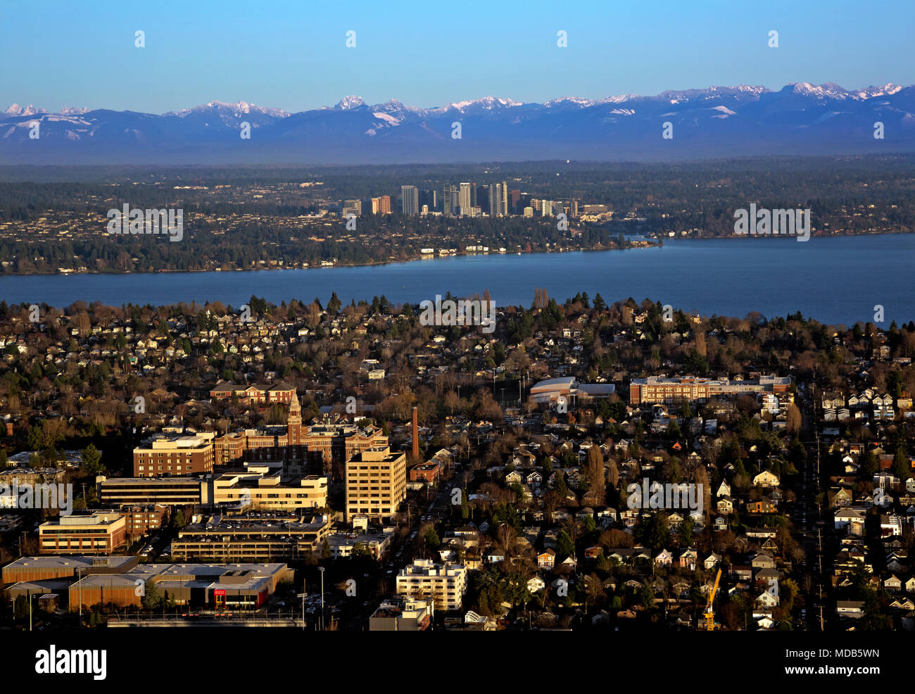 WA15291-00...WASHINGTON - View form the Columbia Center Sky High Observatory east over Capitol Hill to Lake Washington and the town of Bellevue with t Stock Photo
