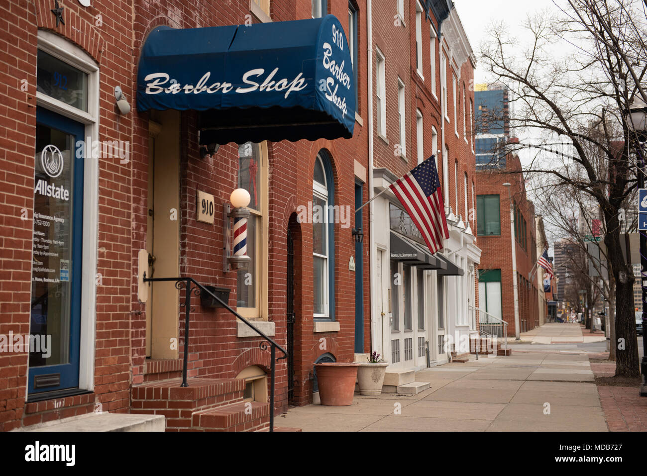 Baltimore, Maryland, USA. Old-fashioned barber shop in historic Federal Hill District. Stock Photo