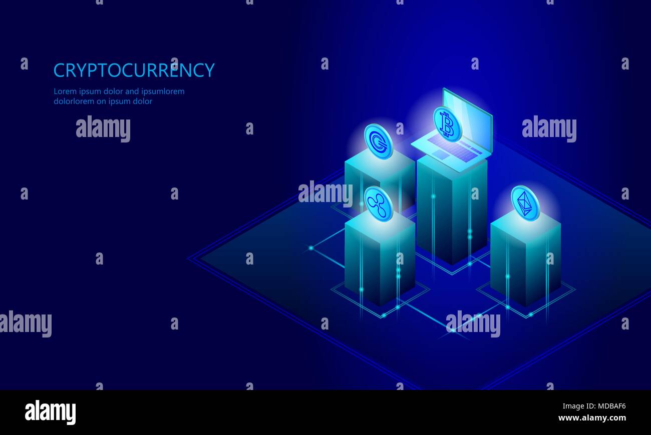 Isometric cryptocurrency coin business concept. Blue glowing