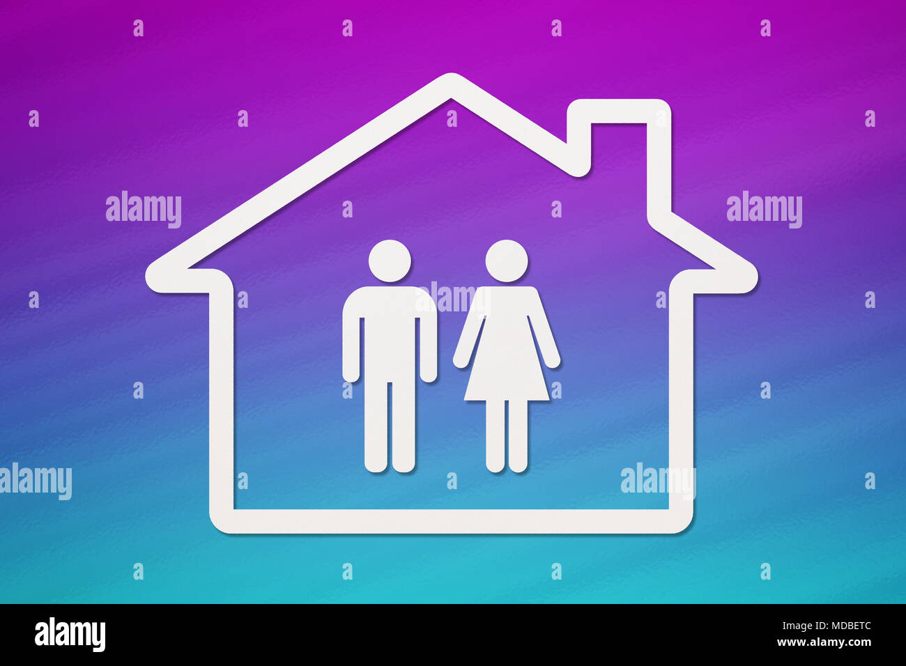 Paper house with man and woman inside on colorful background. Housing ...