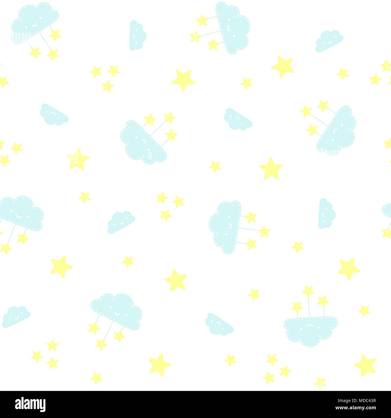 cute seamless pattern with smiling clouds and stars on white background ...