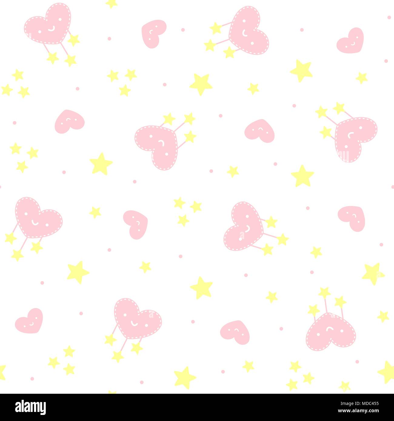 cute seamless pattern with smiling hearts and stars on white background ...