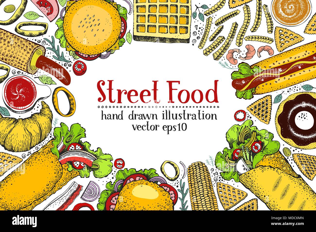 Hand drawn colorful fast food banner. Street food top view background. Hand  drawn vector illustration. Can be use for restaurant, cafe menu, flyer,  poster Stock Vector Image & Art - Alamy
