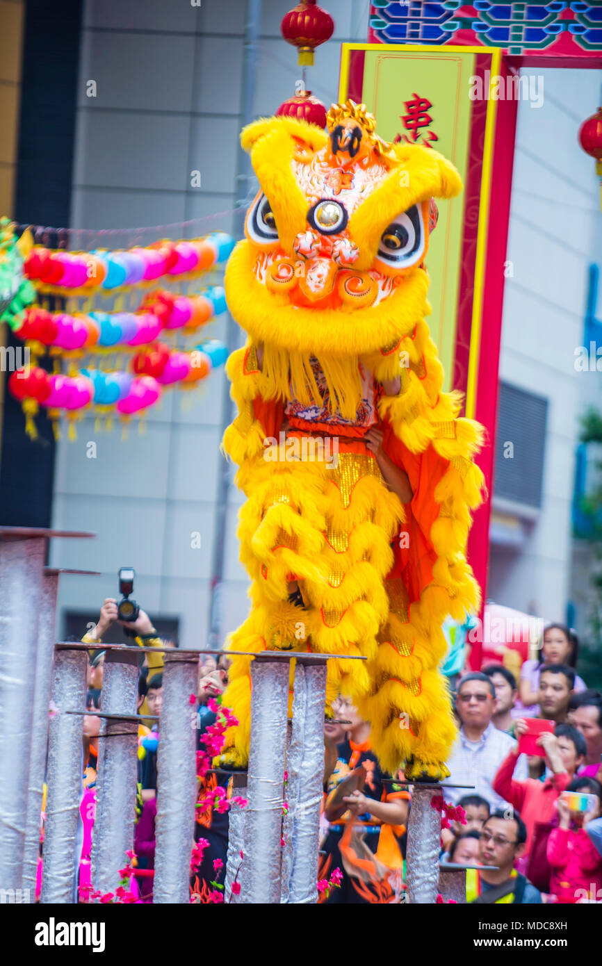 Lion dance performance during the 14th Tai Kok Tsui temple fair in Hong