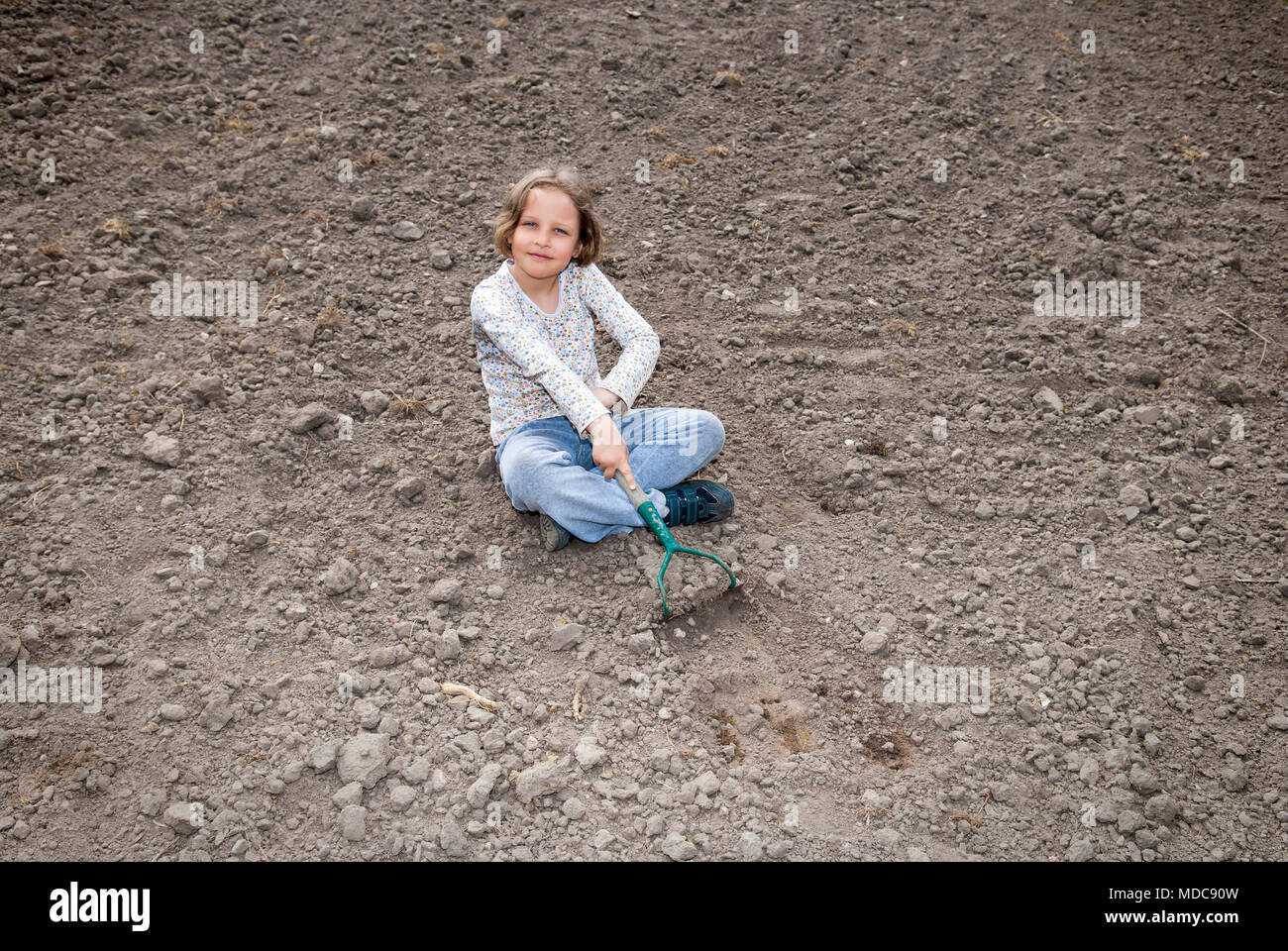 Girl digging in organic soil by hoe. Stock Photo