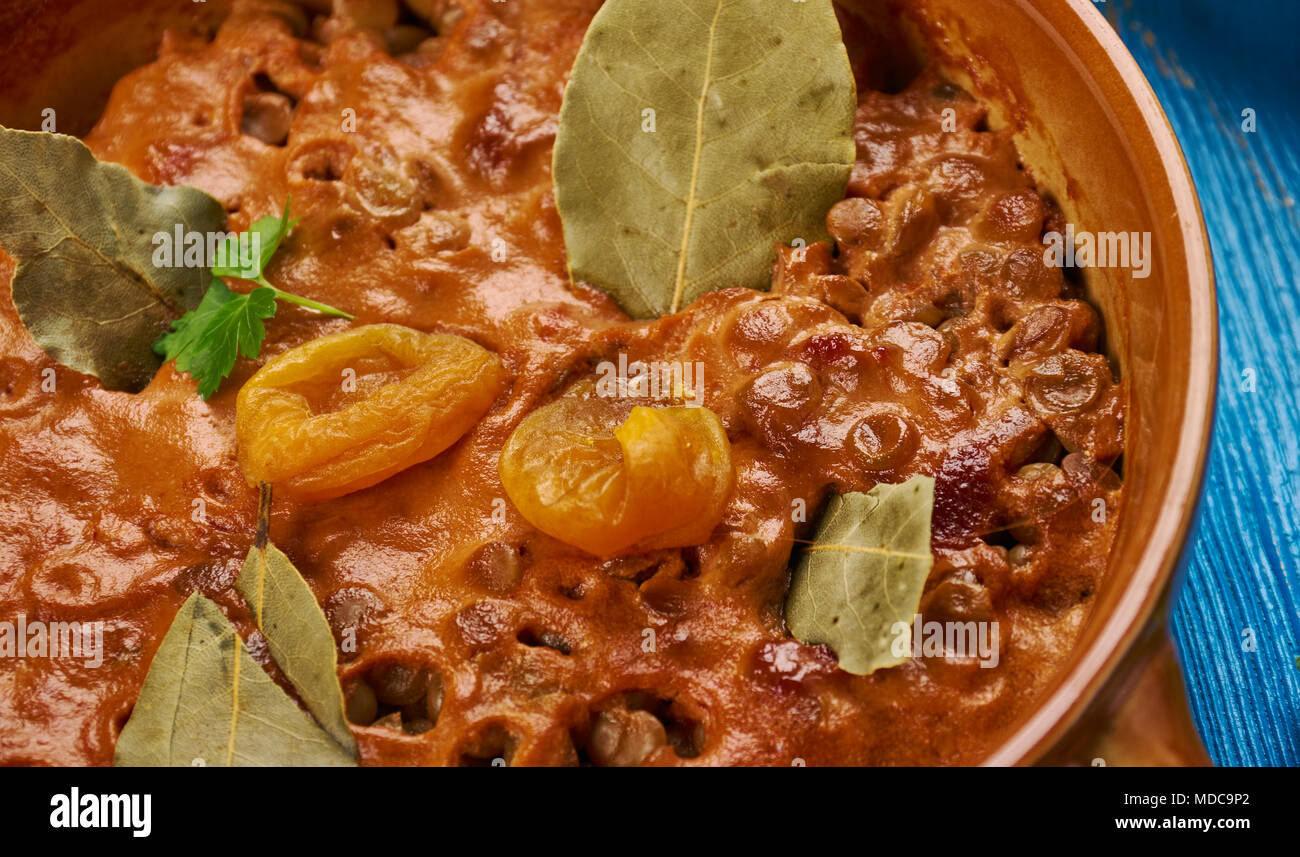 Lentil Bobotie, South African cuisine , Traditional assorted dishes, Top view. Stock Photo