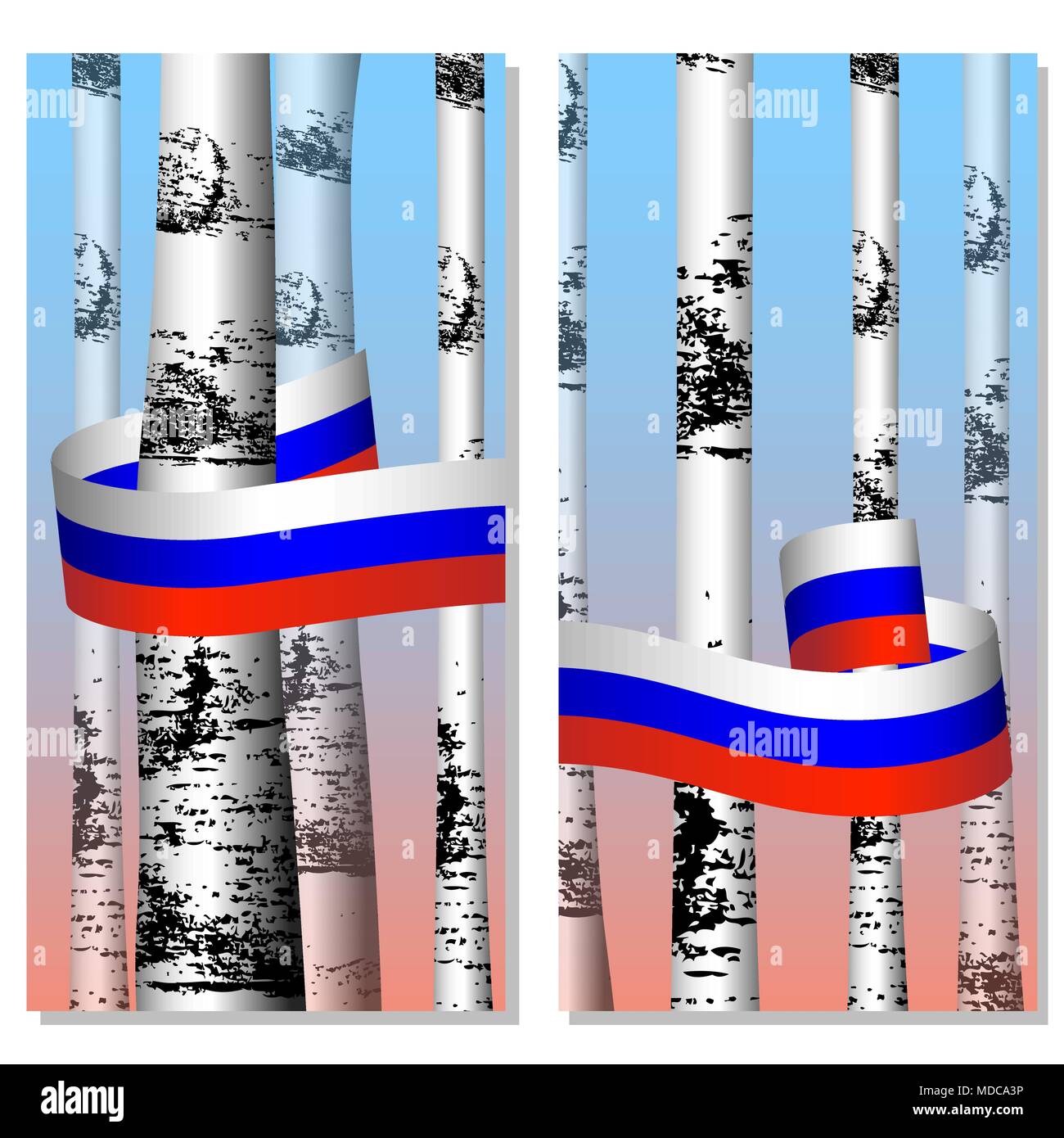 Russia Day. Official Russian holiday. 12 june. Evening sky. Trunks of birches. White blue red ribbon is between them. Flyers for event participants. Stock Vector