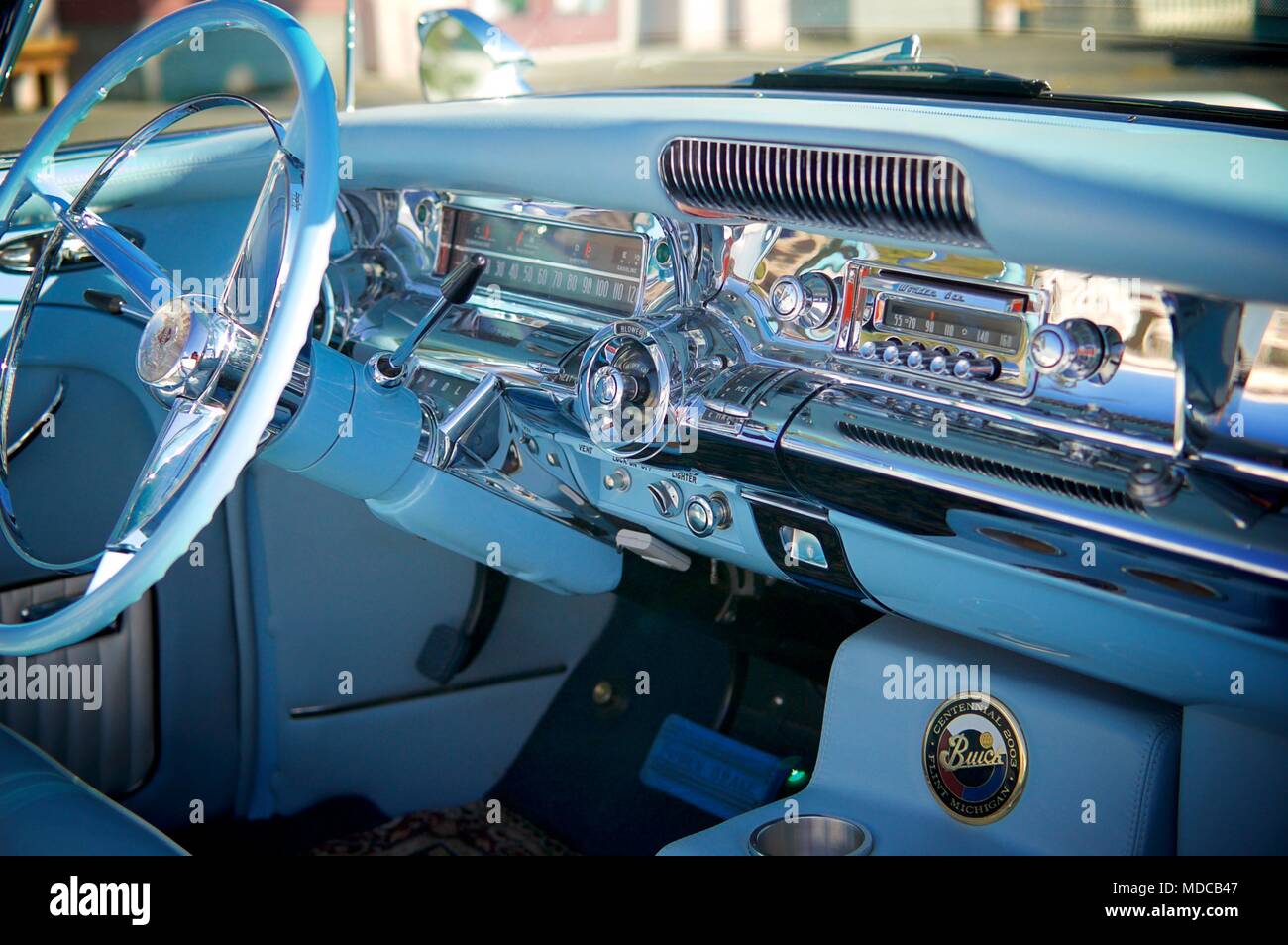 Neon Blue Classic Buick Interior Stock Photo