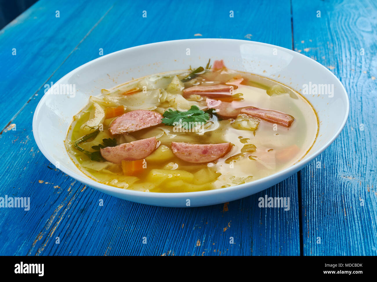 Crockpot Polish Sausage and Cabbage Soup close up Stock Photo Alamy