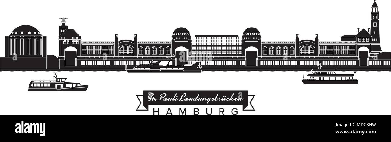 St Pauli Piers and Old Elbe Tunnel buildings with tourist boats. Detailed vector Illustration with banner. Stock Vector