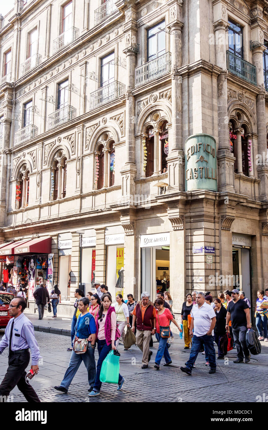 Mexico City,Mexican,Hispanic,Centro historico,Calle Uruguay,Edificio Castilla,building,eclectic architecture,exterior outside,street crossing,pedestri Stock Photo