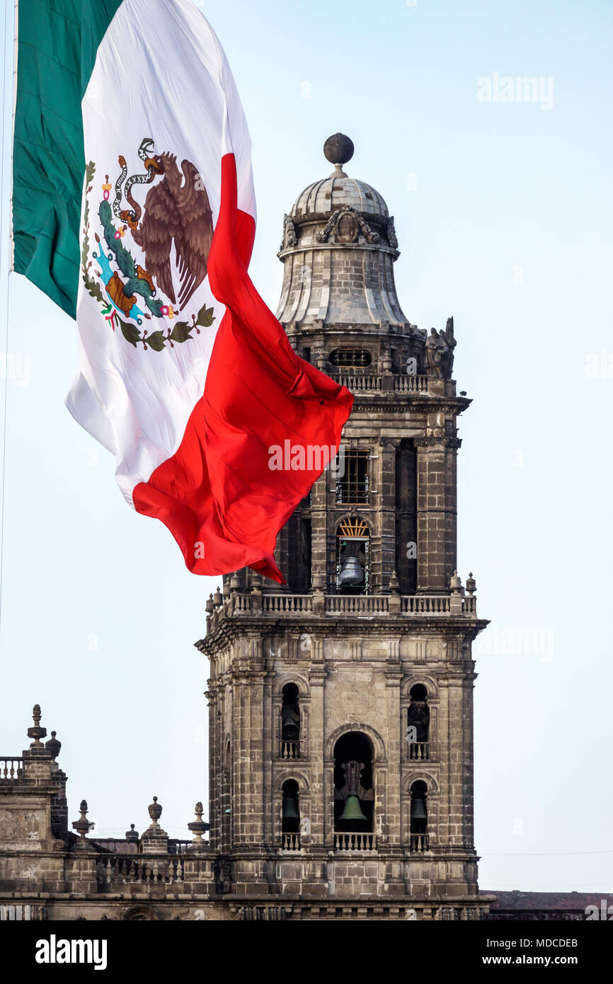 Mexico City,Mexican,Hispanic,historic Center Centre,Plaza de la Constitucion Constitution Zocalo,flag lowering ceremony,Metropolitan Cathedral,bell to Stock Photo