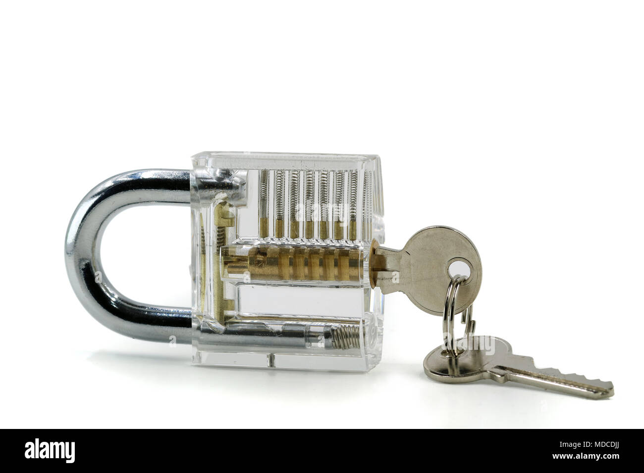 Transparent padlock with keys isolated on white background Stock Photo