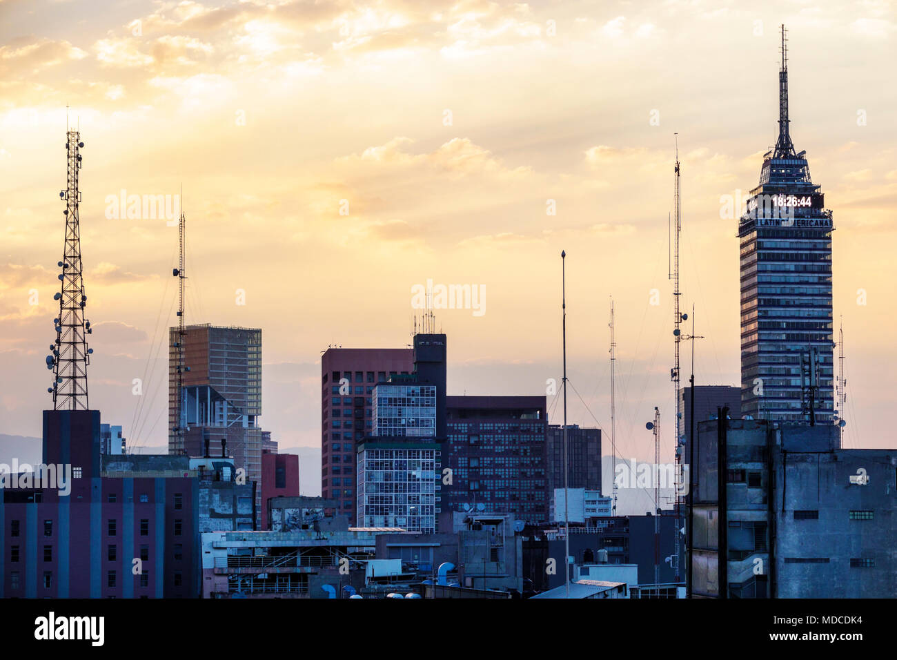 Mexico City,Mexican,Hispanic,historic Center Centre,city skyline,Torre Latinoamericana,skyscraper,antennas MX180303290 Stock Photo