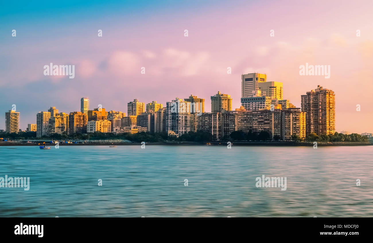 Beautiful view of city skyline of Colaba as seen from Marine Drive, South Mumbai, India, Asia Stock Photo