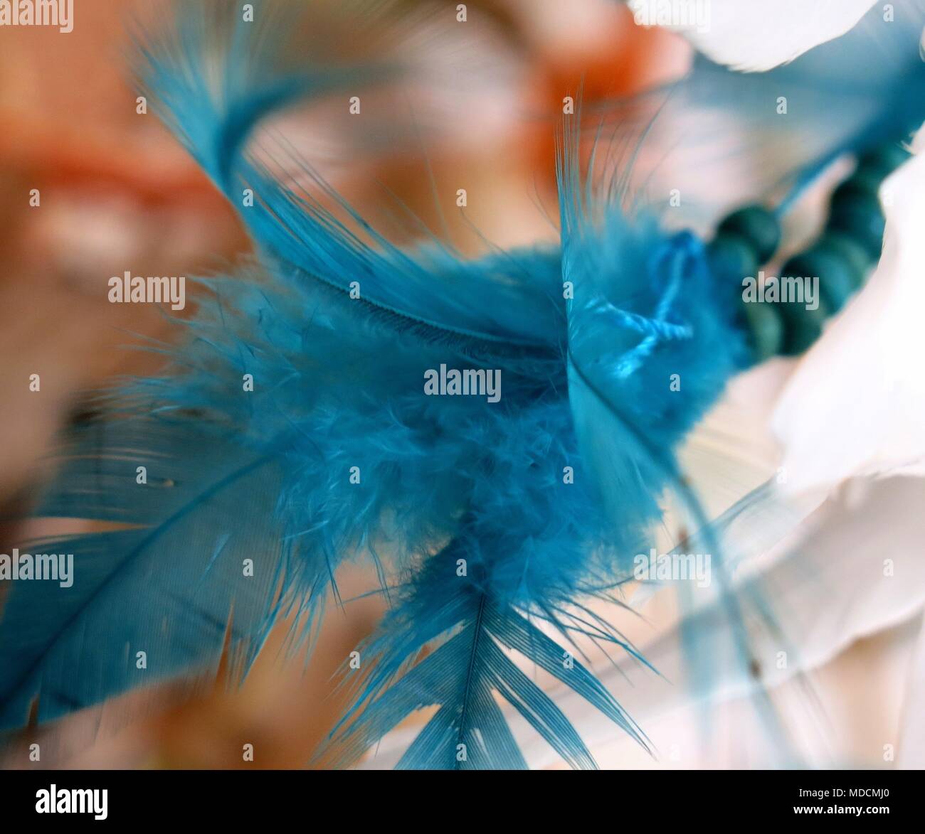 Feathers hanging from a dreamcatcher. Stock Photo