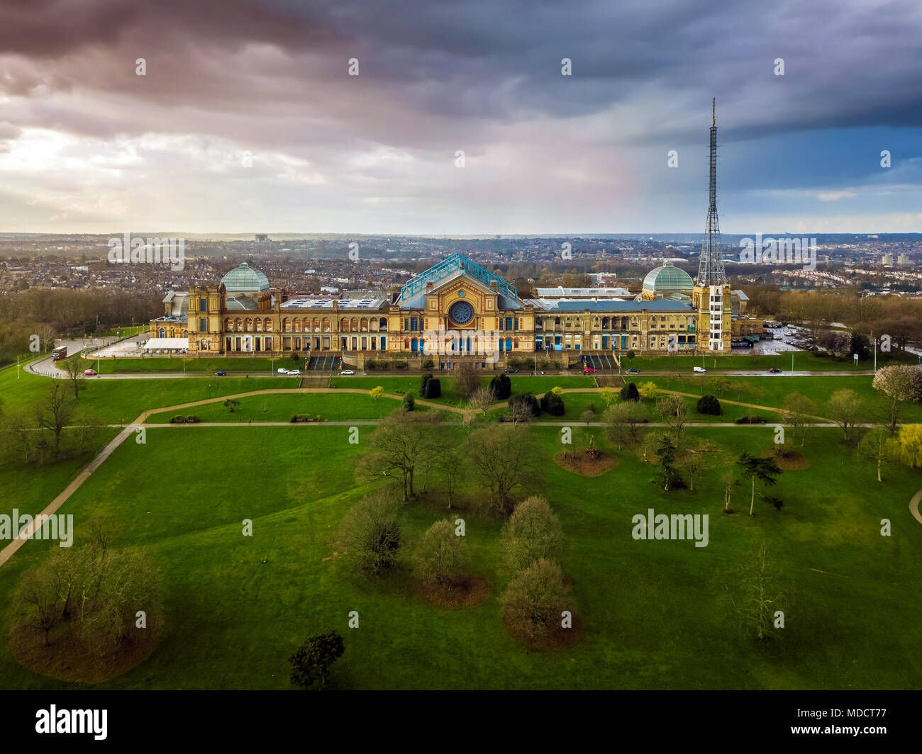 London, England - Aerial panromaic view of Alexandra Palace in Alexandra Park with dramatic clouds behind Stock Photo