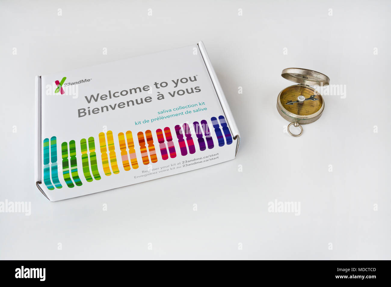 23andme home DNA test kit.  Box containing DNA testing kit by 23andme. Stock Photo