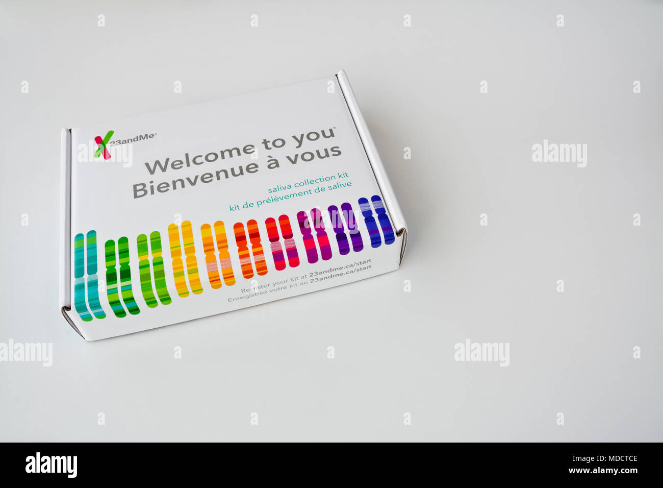 23andme home DNA test kit.  Box containing DNA testing kit by 23andme. Stock Photo