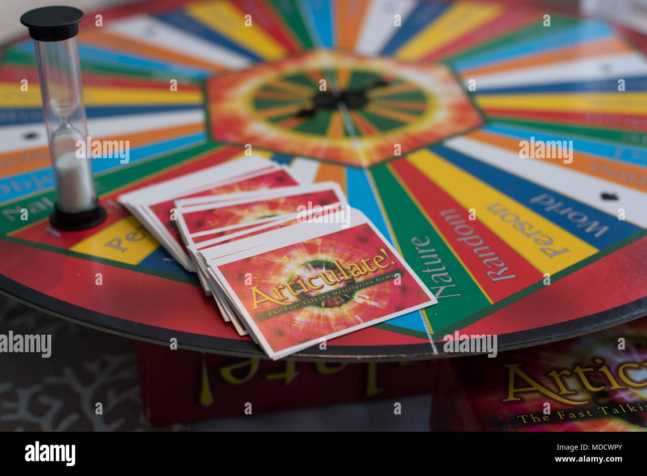 Board game of Articulate set up to begin playing with cards and hourglass  Stock Photo - Alamy