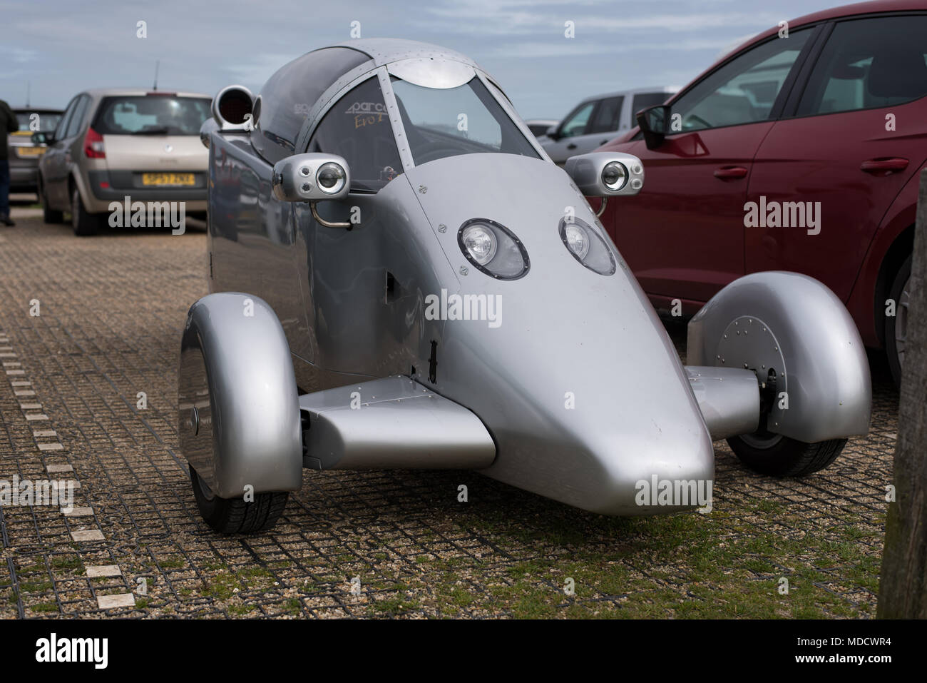 Three wheeled motorcycle or Trike in car park at Dunstable Downs Stock