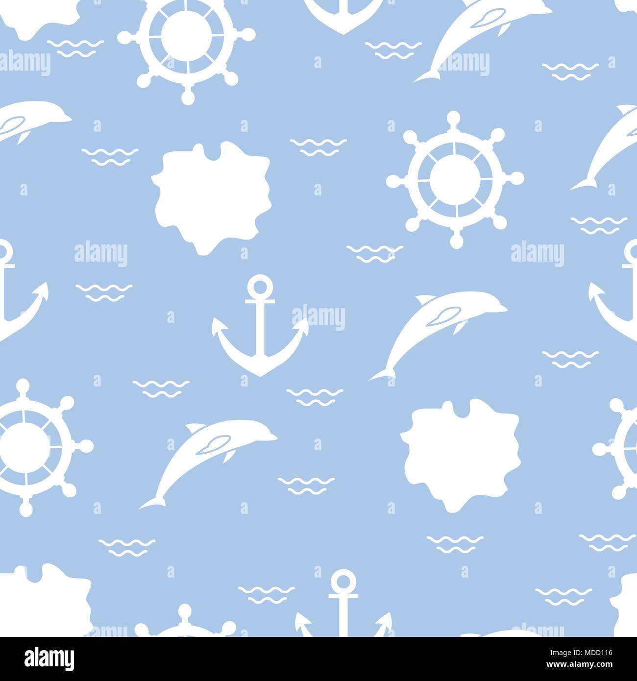 Seamless pattern with dolphins, anchors, steering wheels, waves, islands. Summer leisure. Stock Vector