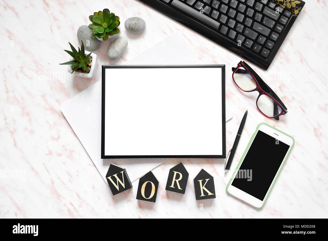 Flat lay office marble desk with phone, keyboard and notebook, frame for  text space background Stock Photo - Alamy