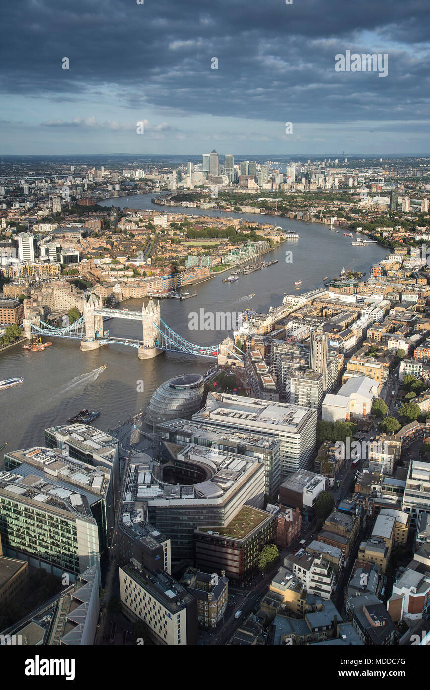 Aerial landscape view of London cityscape skyline with iconic landmark buildings in The City with dramatic sky Stock Photo
