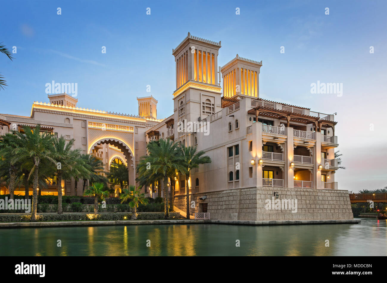 Night view of the artificial canal, Souk Madinat Jumeirah on the Arabian Gulf. Dubai, United Arab Emirates. Stock Photo