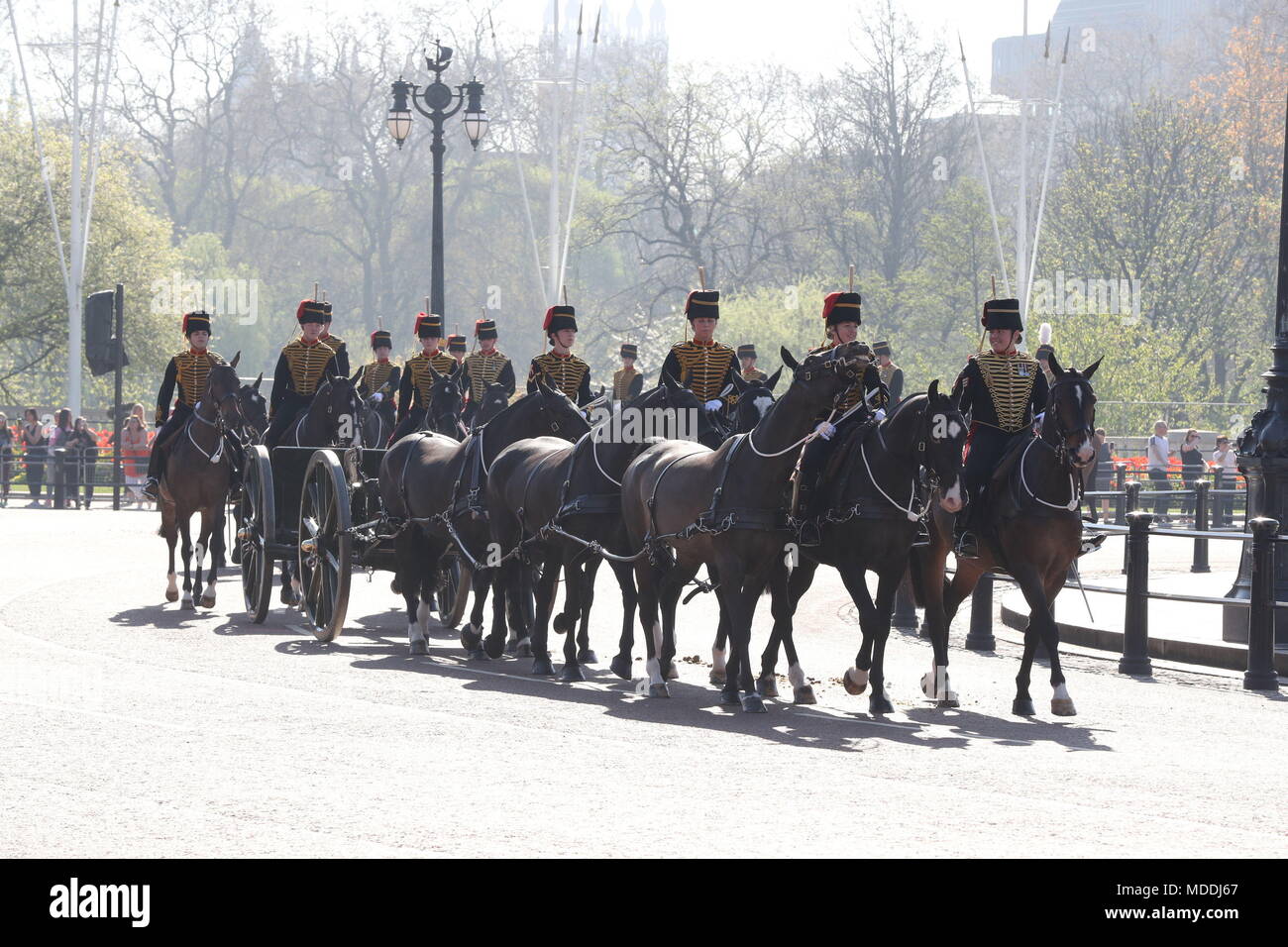 Members of the King's Troop Royal Horse Artillery ride out in front of Buckingham Palace en route to Green Park for the 53 Gun Salute which will mark the official opening of the Commonwealth Heads of Government Meeting. Stock Photo