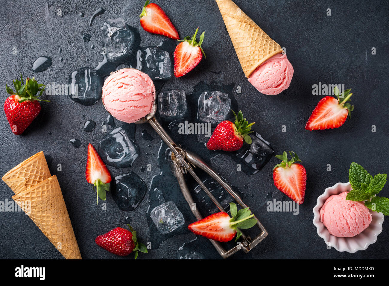 Flat lay with strawberry ice cream Stock Photo Alamy
