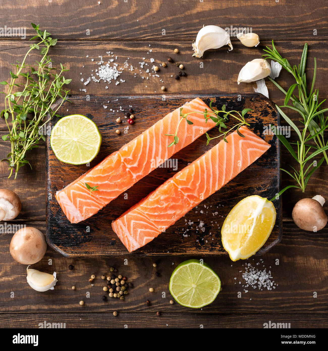 Fresh raw salmon fillet, flat lay Stock Photo Alamy