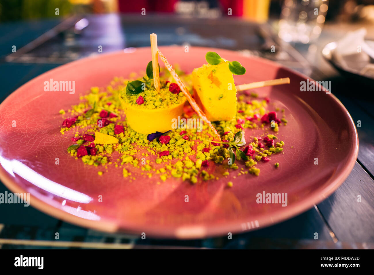 Tasty indian sweet mango sticks in Dubai Marina, Emirates Stock Photo
