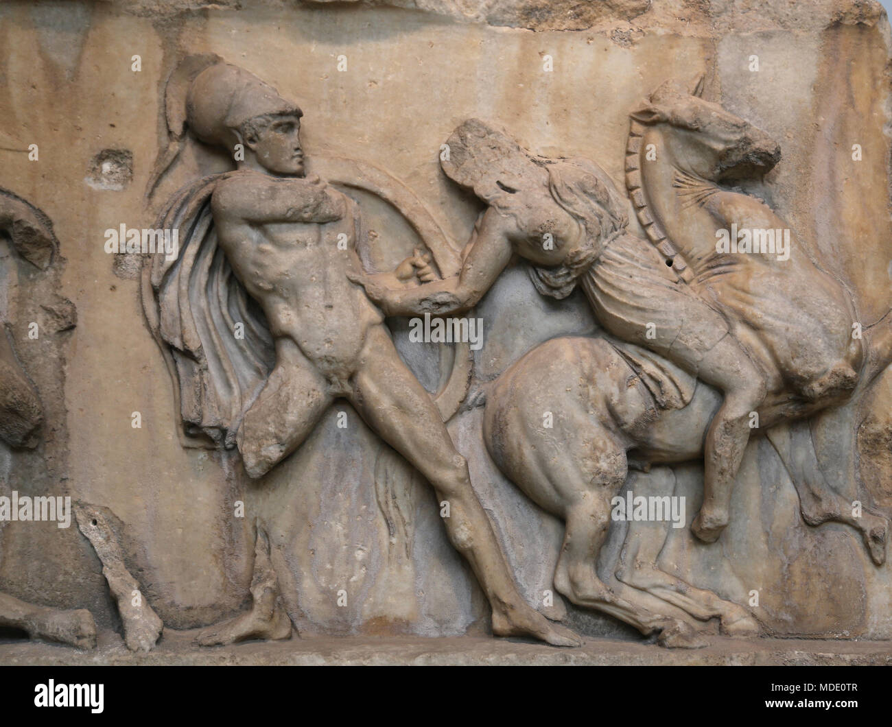 Mausoleum of Halicarnassus. Tomb of Mausolus. Turkey. Amazon frieze.  350 BC. British Museum. London. Stock Photo