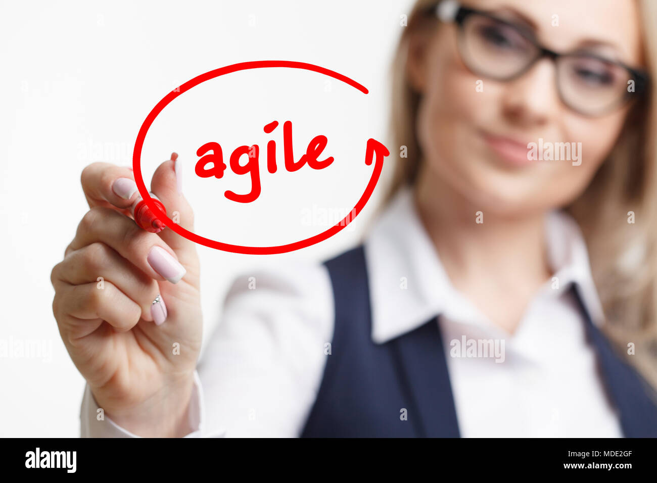 Business woman writing something with a marker or pen.Agile Stock Photo