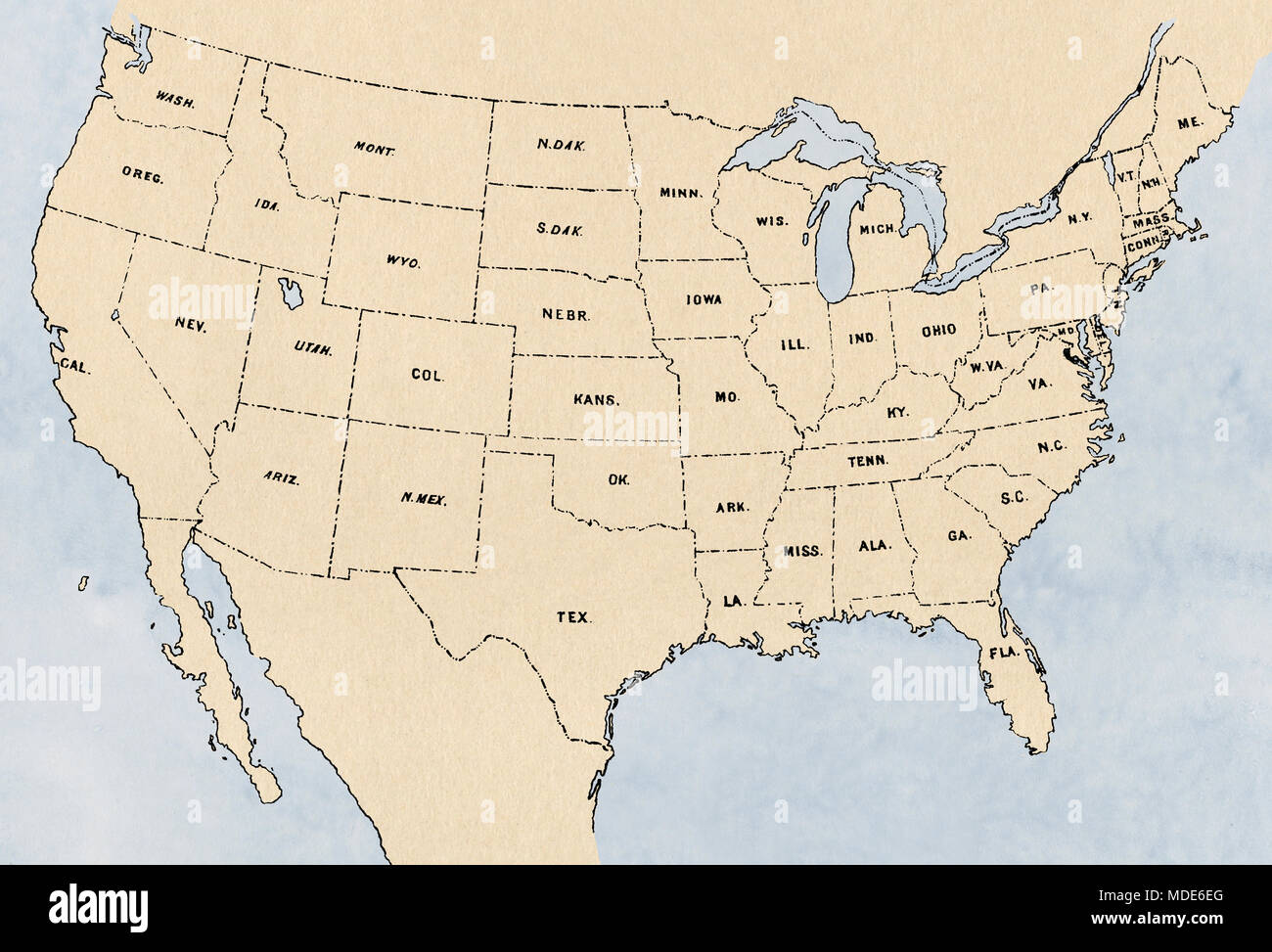 Map of the lower 48 states. Digitally colored lithograph Stock Photo