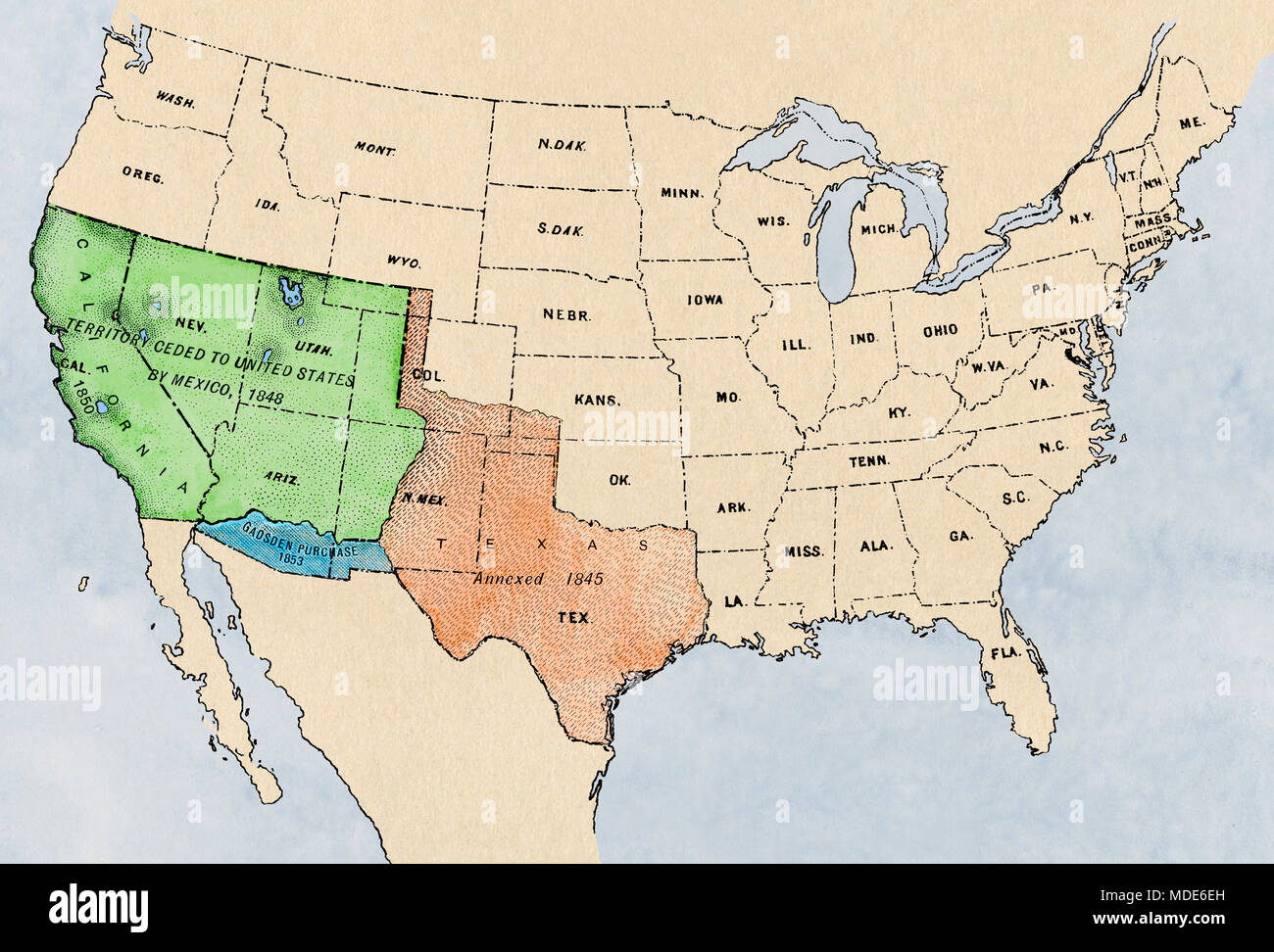 Map of territory from Mexico added to the southwestern United States, 1800s. Digitally colored illustration Stock Photo