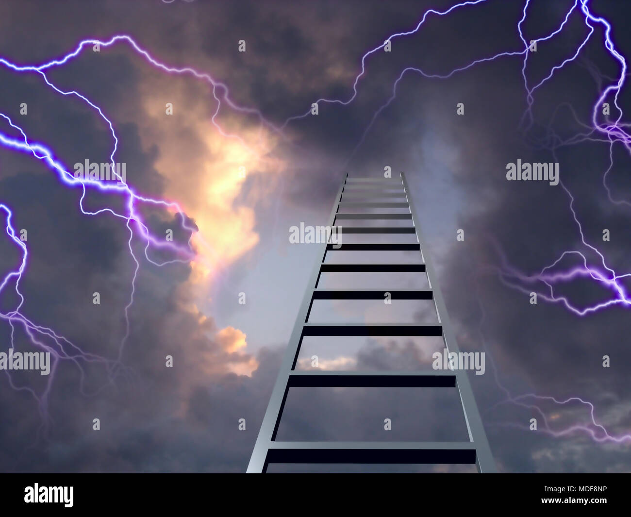Lightning flashes with ladder to the top Stock Photo