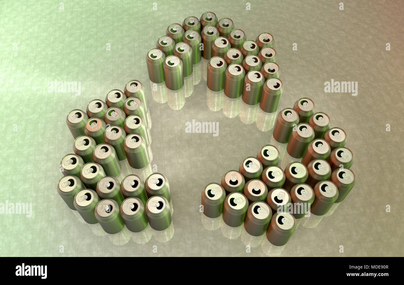 3D rendering of aluminum cans forming the recycle symbol Stock Photo
